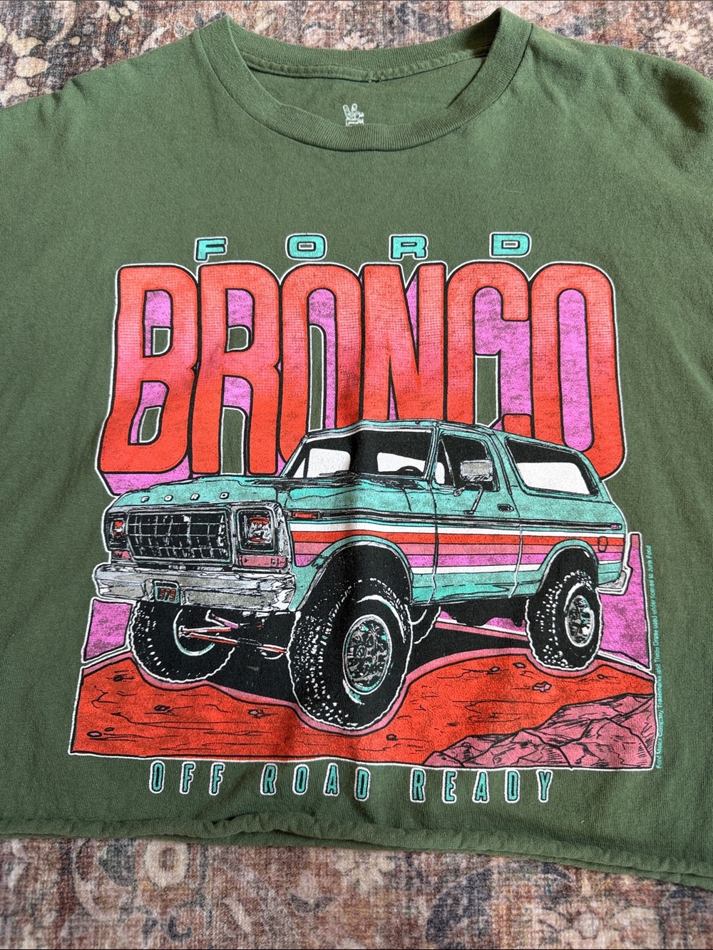 Junk Food Clothing Olive Ford Bronco Graphic Tee with Pink & Teal Accents